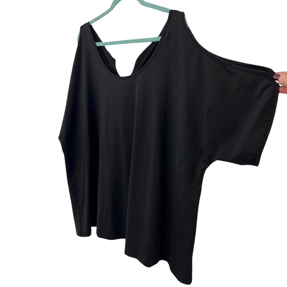 Women’s Plus Size Black Round Neck Cold Open Shoulder Short Sleeve T-Shirt Top - Picture 8 of 11
